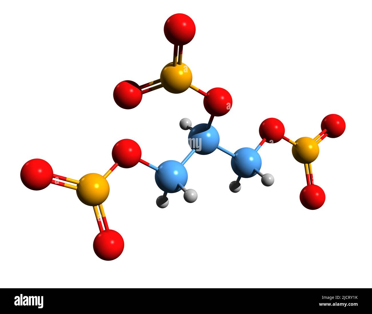 3D image of nitroglycerine skeletal formula - molecular chemical structure of  trinitroglycerin (TNG) isolated on white background Stock Photo