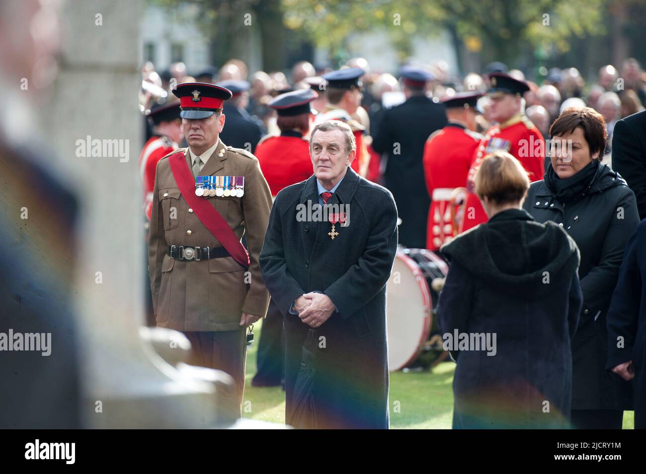 Stock picture of the former Welsh rugby international Phil Bennett attending the Remebrance Sunday Service outisde the town hall in Llanelli in 2014. Stock Photo