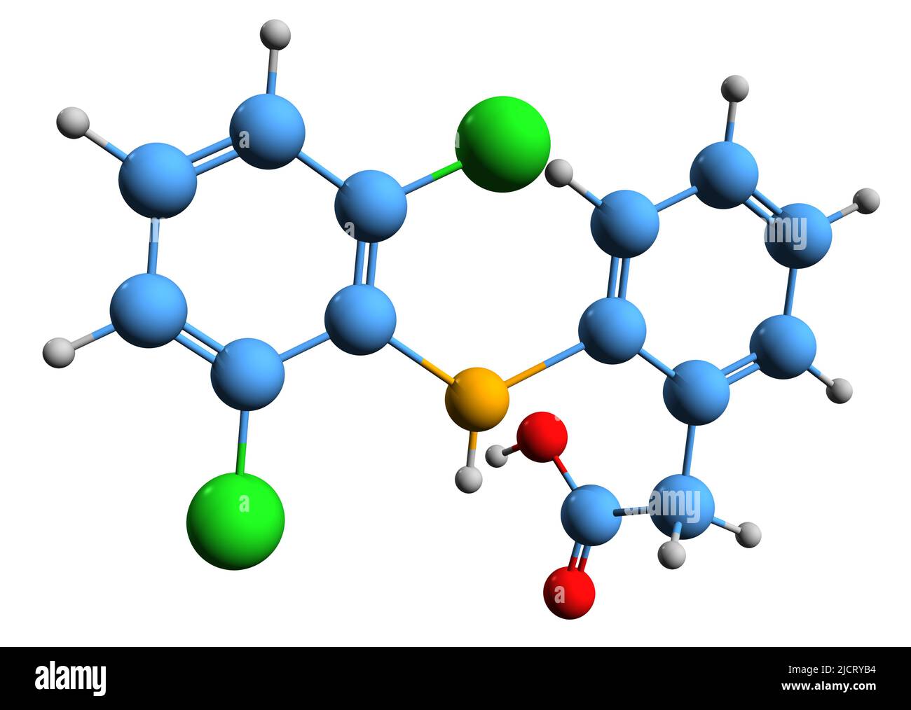 3D image of diclofenac skeletal formula - molecular chemical structure of nonsteroidal anti-inflammatory drug isolated on white background Stock Photo