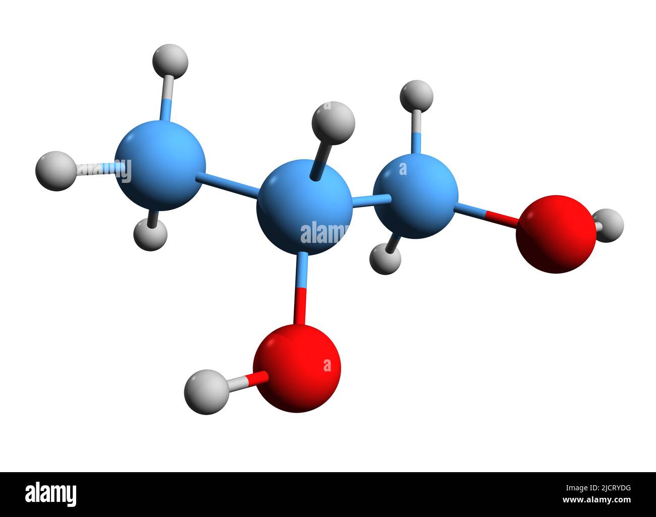 3D image of propylene glycol skeletal formula - molecular chemical structure of E1520 - methylethylene glycol isolated on white background Stock Photo