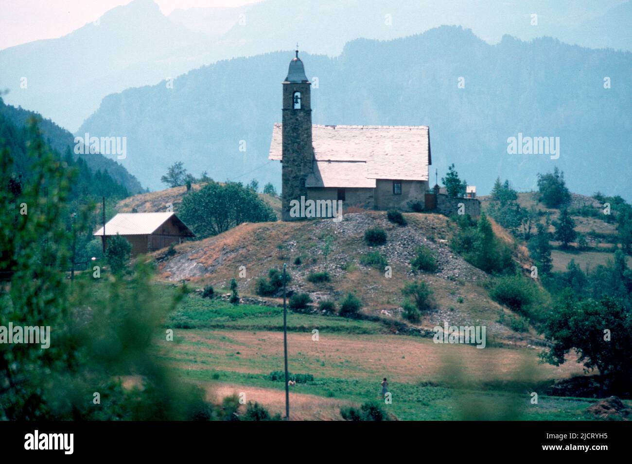 Church in the village of Sainte Marguerite in 1980, Hautes-Alpes, France Stock Photo