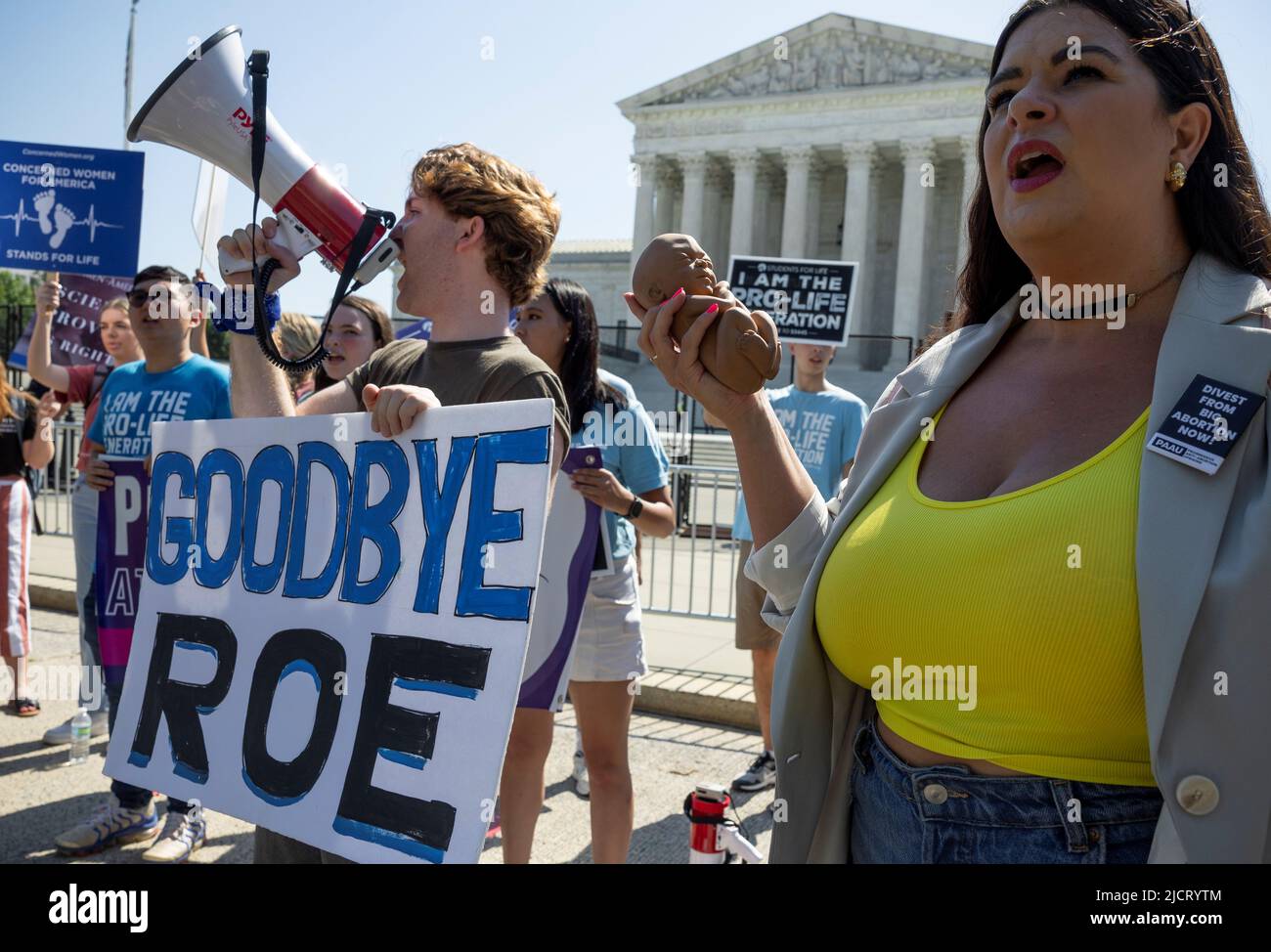 Anti-abortion campaigners demonstrate outside the United States Supreme Court in Washington, U.S., June 15, 2022. REUTERS/Evelyn Hockstein Stock Photo