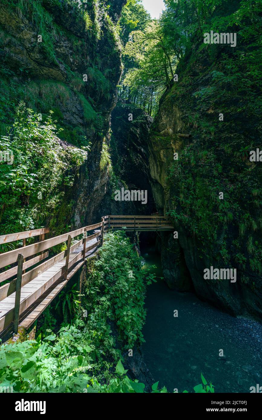 im Alploch in Dornbirn führt ein Steg durch die enge Schlucht. stimmungsvoller Blick, mit blauem Wasser und grünen Pflanzen zwischen den harten Felsen Stock Photo