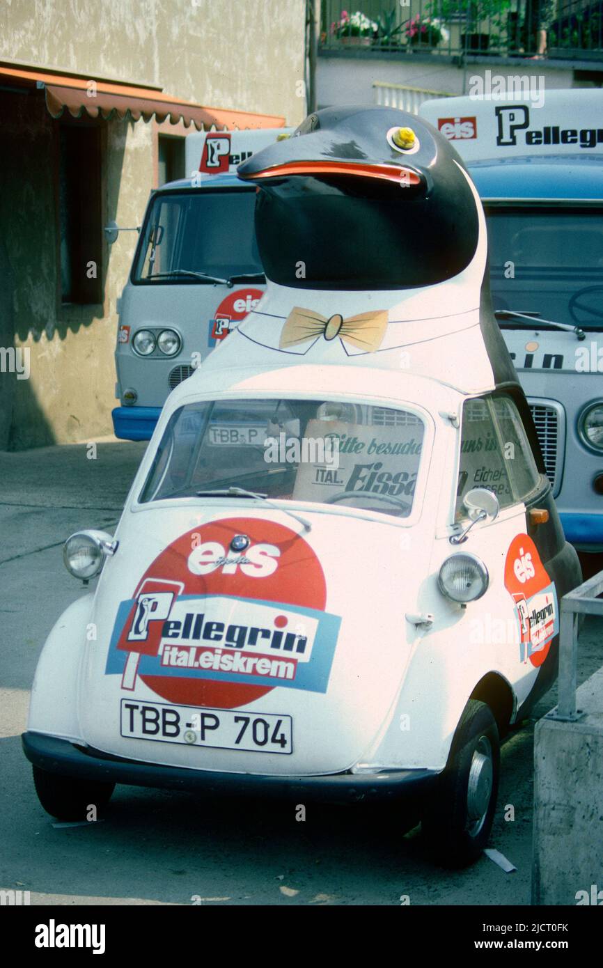 Bubble car in shape of penguin advertising ice cream in 1982, Wertheim, Baden-Württemberg, Germany Stock Photo