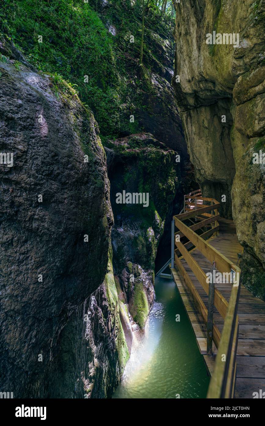 im Alploch in Dornbirn führt ein Steg durch die enge Schlucht. stimmungsvoller Blick, mit blauem Wasser und grünen Pflanzen zwischen den harten Felsen Stock Photo