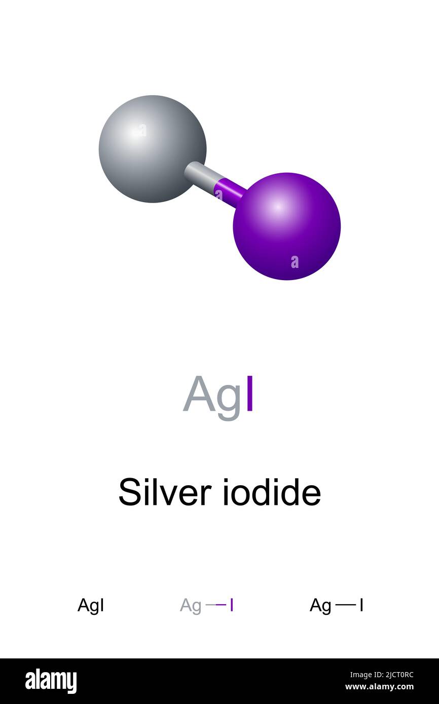 Silver iodide, chemical formula and structure. Inorganic compound with the formula AgI. Highly photosensitive, exploited in silver-based photography. Stock Photo
