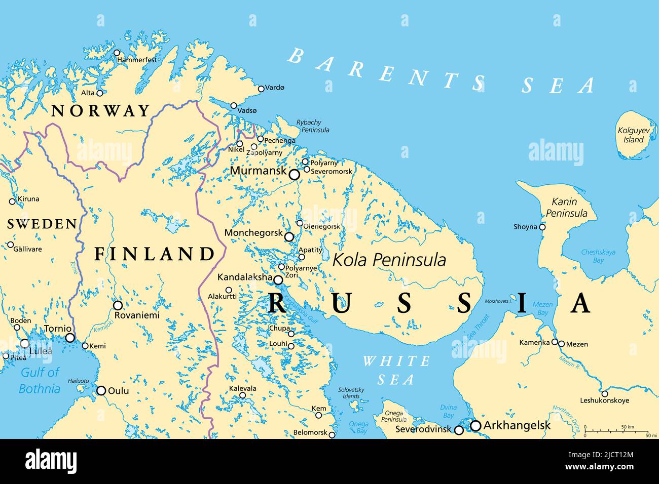 Murmansk Oblast and Kola Peninsula, political map. Federal subject of Russia, part of Lapland region, bordering Norway and Finland. Stock Photo