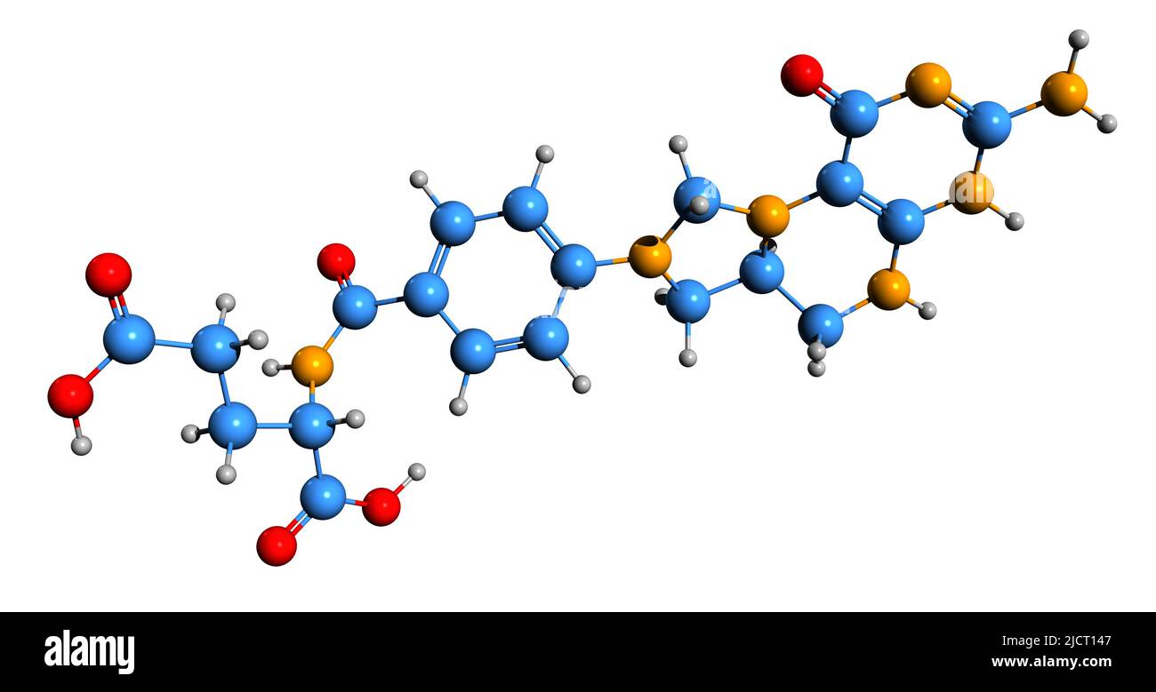 3D image of 5,10-Methylenetetrahydrofolate skeletal formula - molecular chemical structure of MTHF isolated on white background Stock Photo