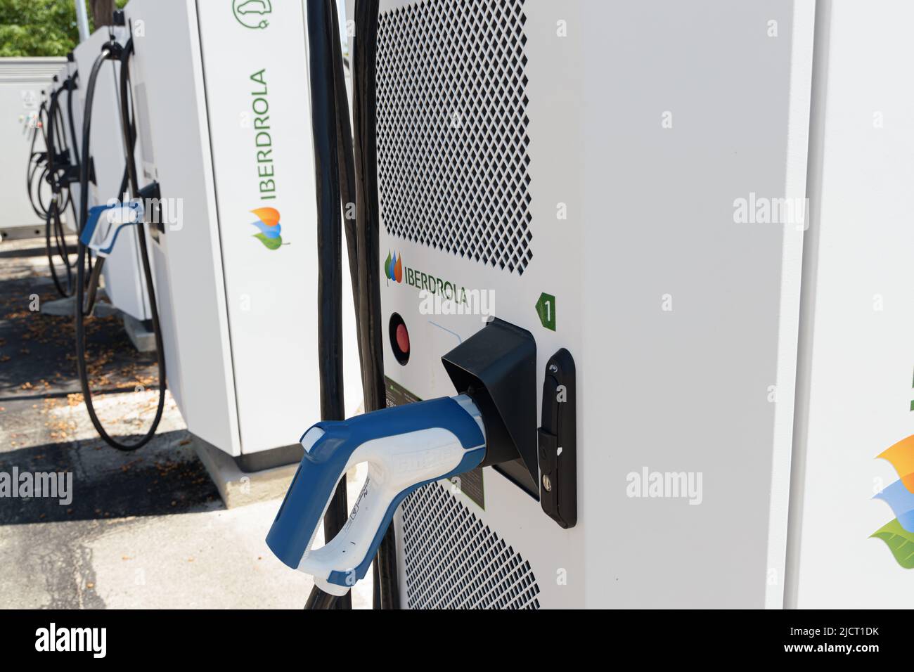 ALFAFAR, SPAIN - JUNE 06, 2022: Electric car charging station powered by Iberdrola Stock Photo