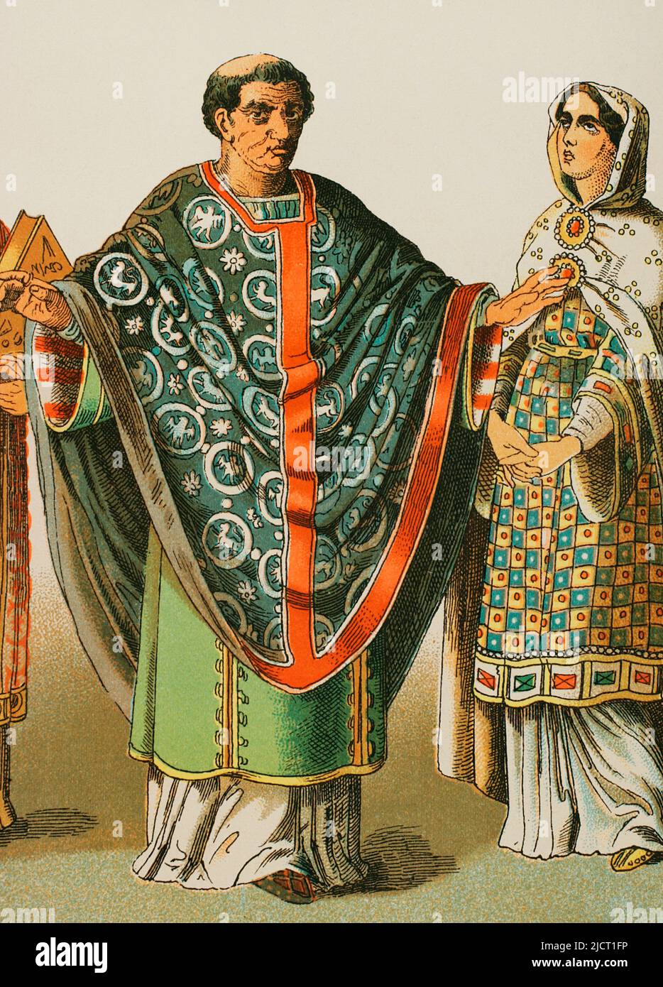 France (year 900). Bishop and noblewoman. Chromolithography. 'Historia Universal' (Universal History), by César Cantú. Volume IV. Published in Barcelona, 1881. Stock Photo