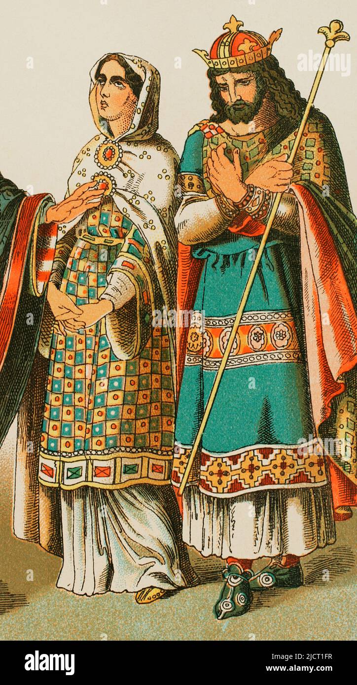 History of France (year 900). Noblewoman and king. Chromolithography. 'Historia Universal' (Universal History), by César Cantú. Volume IV. Published in Barcelona, 1881. Stock Photo