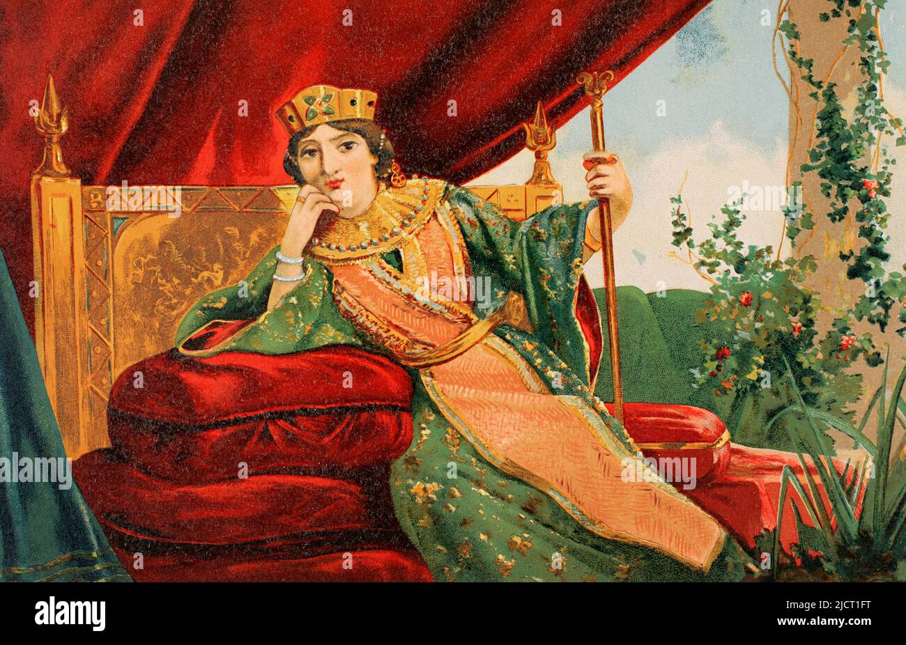 Theodora (ca. 815-867). Empress of Byzantium (830-842) by marriage to Emperor Theophilus. Regent from 842 to 856. Chromolithography. 'Historia Universal' (Universal History), by César Cantú. Volume V. Published in Barcelona, 1884. Stock Photo