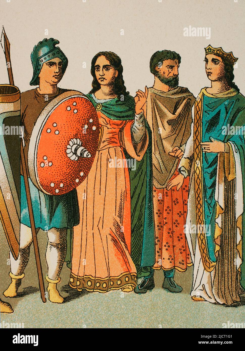 Middle Ages. France (year 900). From left to right: warrior, lady, nobleman and princess. Chromolithography. 'Historia Universal' (Universal History), by César Cantú. Volume IV. Published in Barcelona, 1881. Stock Photo