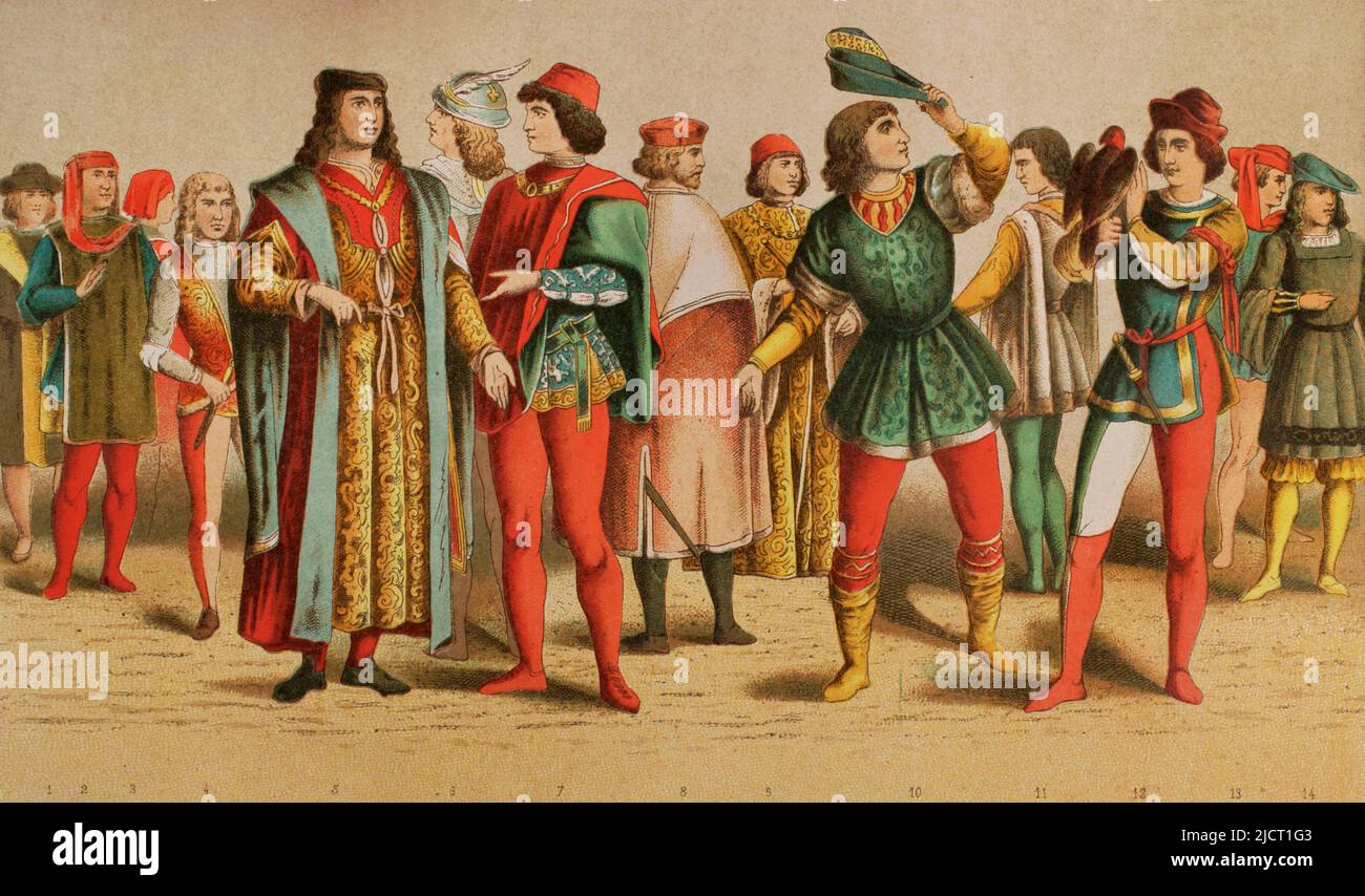 From left to right, 1: Venetian, 2 and 3: Florentines, 4, 12 and 14: Pages, 5 and 6: Nobles, 7 and 8: Venetian noblemen, 9: Podesta, 10, 11 and 13: Young Italians. Chromolithography. 'Historia Universal' (Universal History), by César Cantú. Volume VI. Published in Barcelona, 1885. Stock Photo