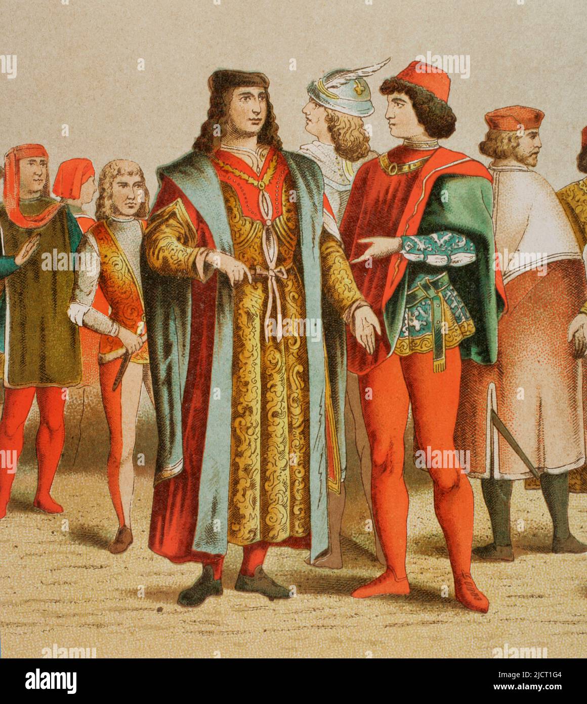 From left to right: Florentines, page, noblemen and Venetian noblemen. Chromolithography. 'Historia Universal' (Universal History), by César Cantú. Volume VI. Published in Barcelona, 1885. Stock Photo
