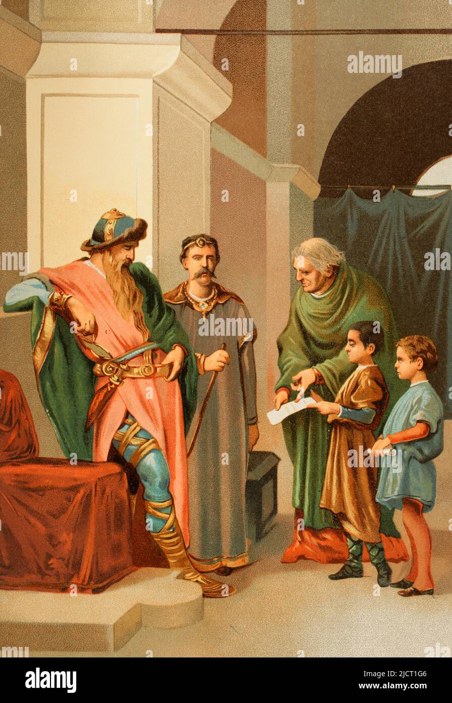 Europe. Carolingian empire. 8th century. Emperor Charlemagne visiting the schools. Chromolithography. 'Historia Universal' (Universal History), by César Cantú. Volume IV. Published in Barcelona, 1881. Stock Photo