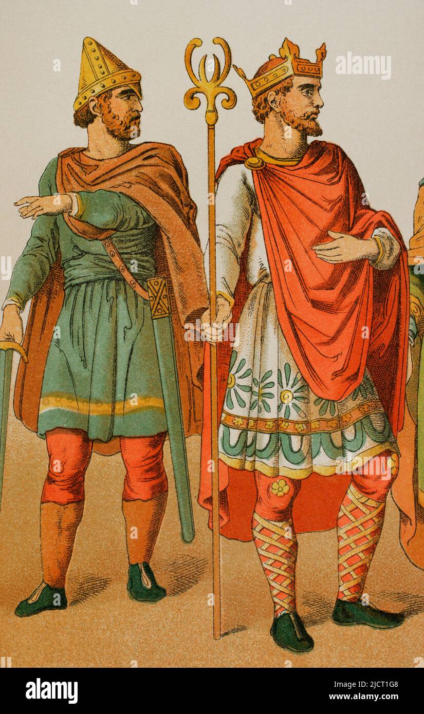 Great Britain (500-1000). Anglo-Saxons. From left to right: Military leader and king in 966. Chromolithography. 'Historia Universal' (Universal History), by César Cantú. Volume IV. Published in Barcelona, 1881. Stock Photo