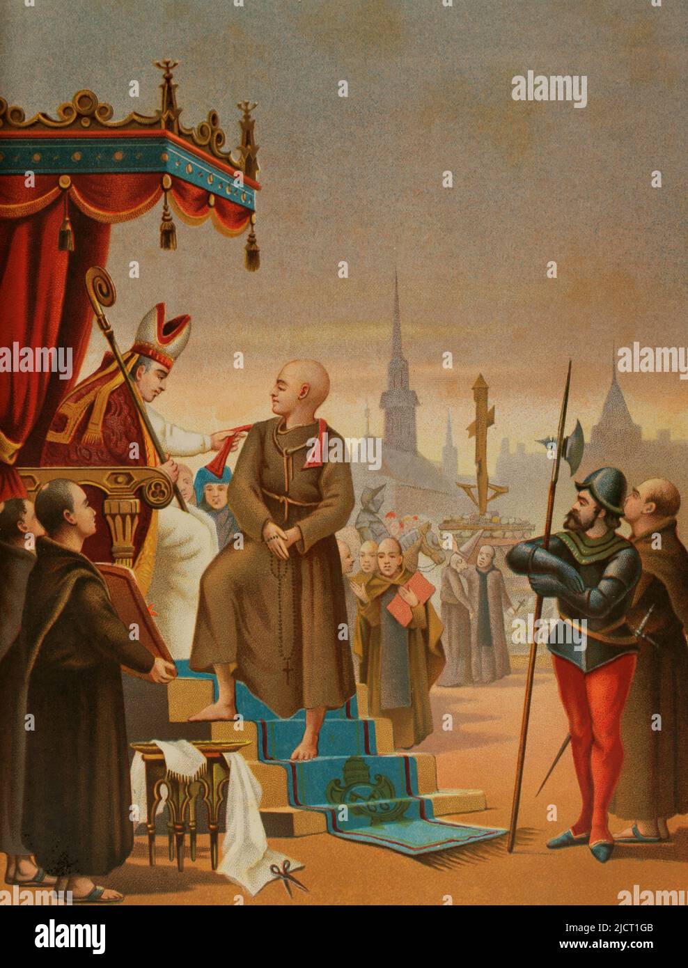 Girolamo Savonarola (1452-1498). Italian Dominican friar and preacher. Organiser of the Bonfire of the Vanities. Excommunicated and executed by the Tribunal of the Holy Inquisition. Degradation of Savonarola. Chromolithography. "Historia Universal" (Universal History), by César Cantú. Volume VII. Published in Barcelona, 1886. Stock Photo