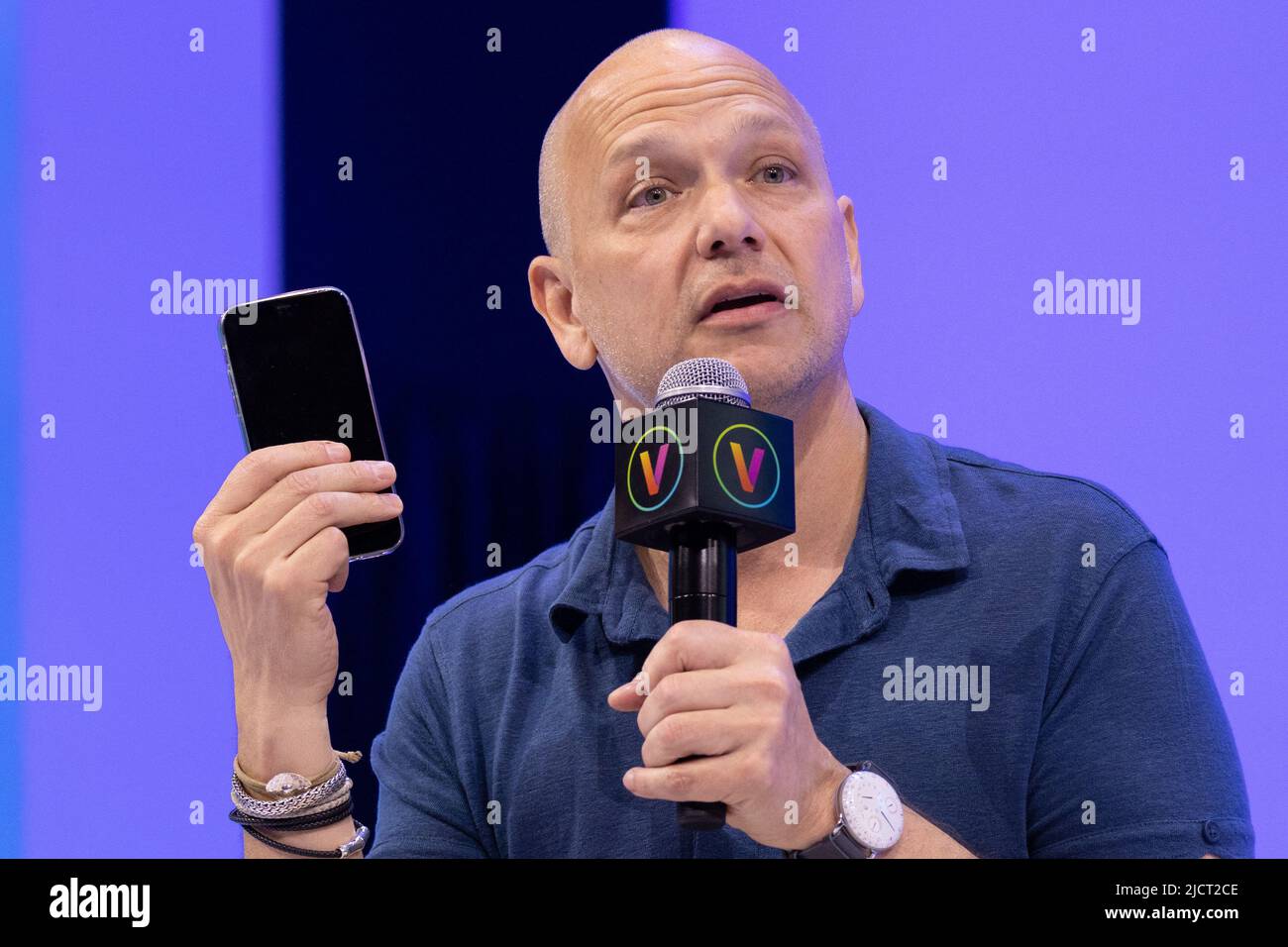 Paris, France, June 15, 2022. Iphone co inventer Tony Fadell hold an iphone as he speaks during the Viva Technology fair 2022 (Vivatech) in Paris, on June 15, 2022. Photo by Raphael Lafargue/ABACAPRESS.COM Stock Photo