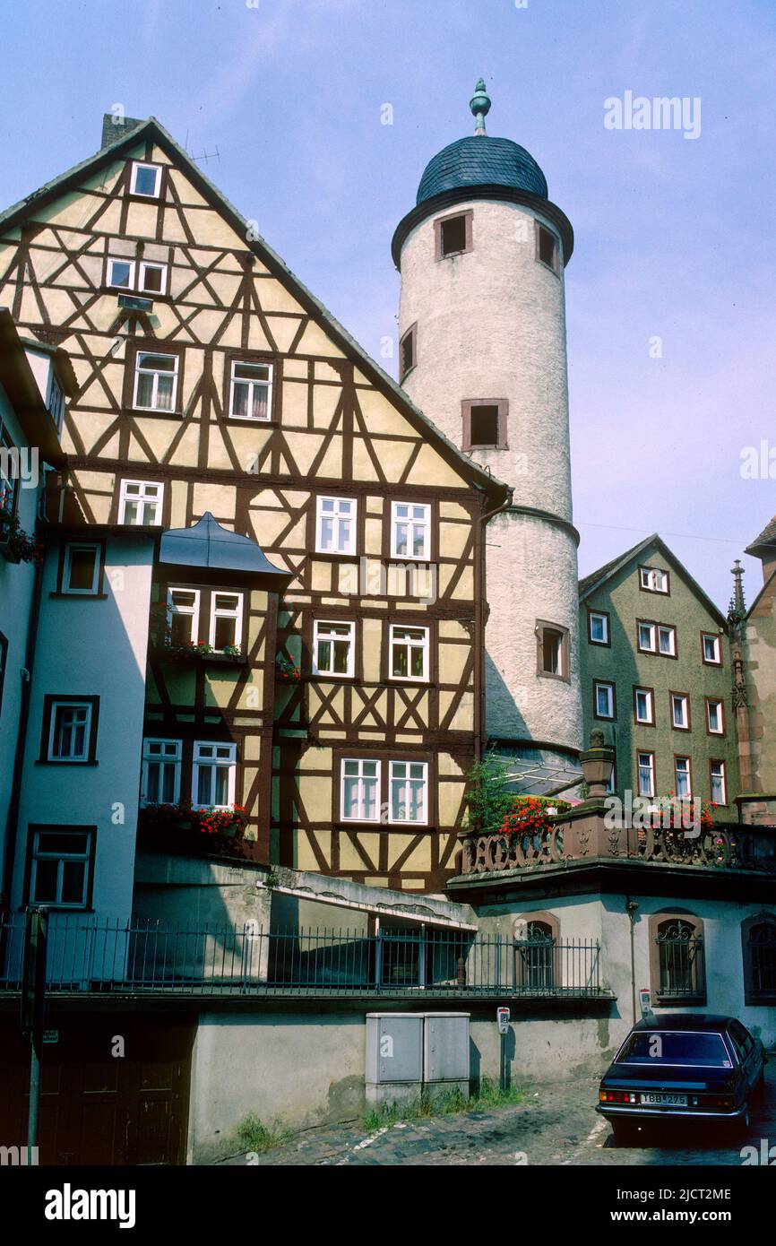 Historic buildings with tower in town centre in 1982, Wertheim am Main, Baden-Württemberg, Germany Stock Photo