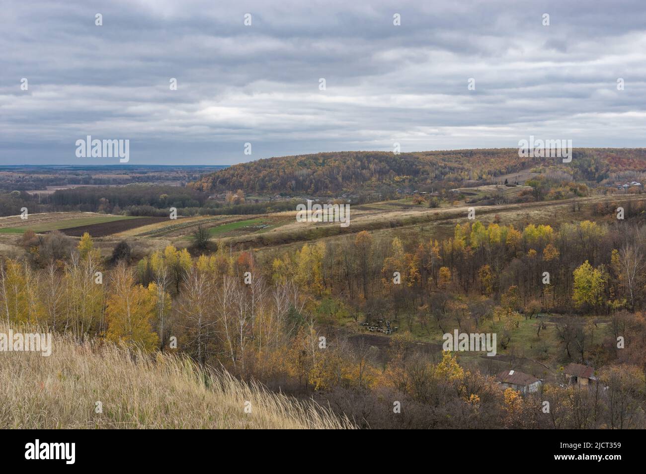 Fall landscape with small remote hamlets in Sumskaya oblast, Ukraine Stock Photo