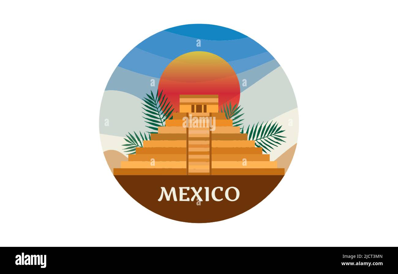 Maya pyramid icon, Temple of Kukulcan, El Castillo pyramid in Chichen Itza flat design, ancient Mayan sacred architecture in Yucatan, Mexico. Logo Stock Vector