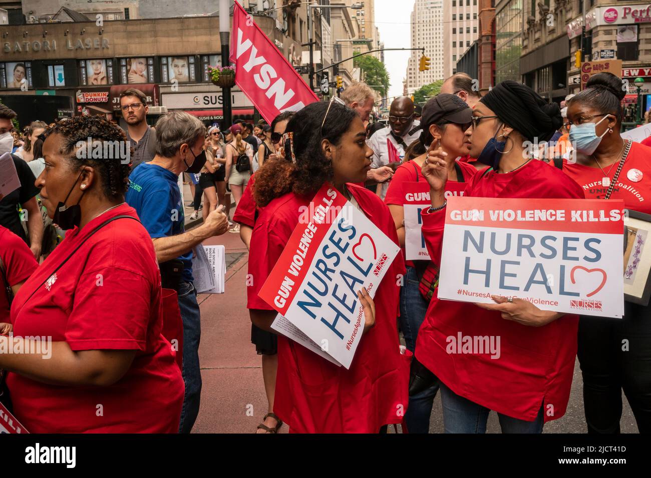 Thousands of protesters in New York in the March For Our Lives on Saturday, June 11, 2022 join the tens of thousands protesting in cities around the country calling for stricter gun control laws in the wake of recent mass shootings. The New York rally marched across the Brooklyn Bridge ending in Lower Manhattan. (© Richard B. Levine) Stock Photo