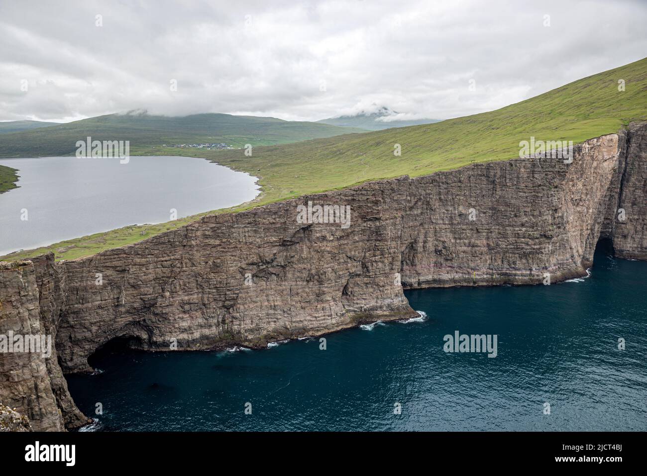 View of Leitisvatn (Sørvágsvatn) lake from Traelanipan cliff, Vagar Island, Faroe Islands Stock Photo