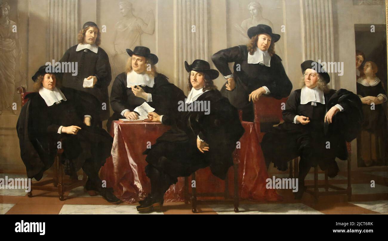 The Regents of the Spinhues and Nieuwe Werkhuis, Amsterdam by Karel du Jardin (1626-1678). Oil on canvas, 1669. Rijksmuseum. Amsterdam. Netherlands. Stock Photo
