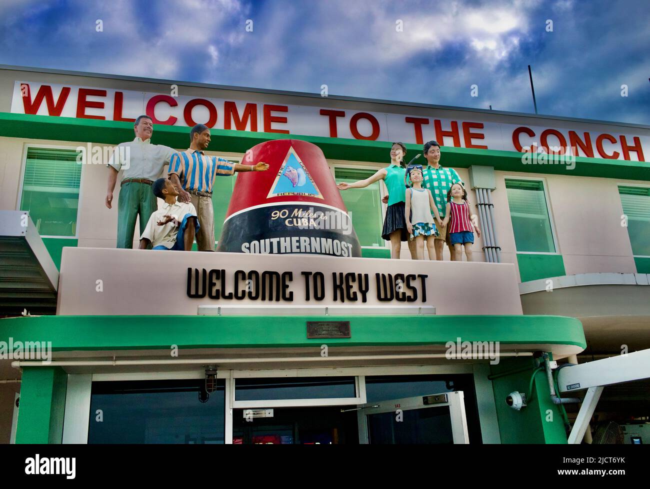 “Welcome to the Conch Republic” reads the sign on the Key West International Airport building as you enter from the tarmac.  Group of mannequins Stock Photo