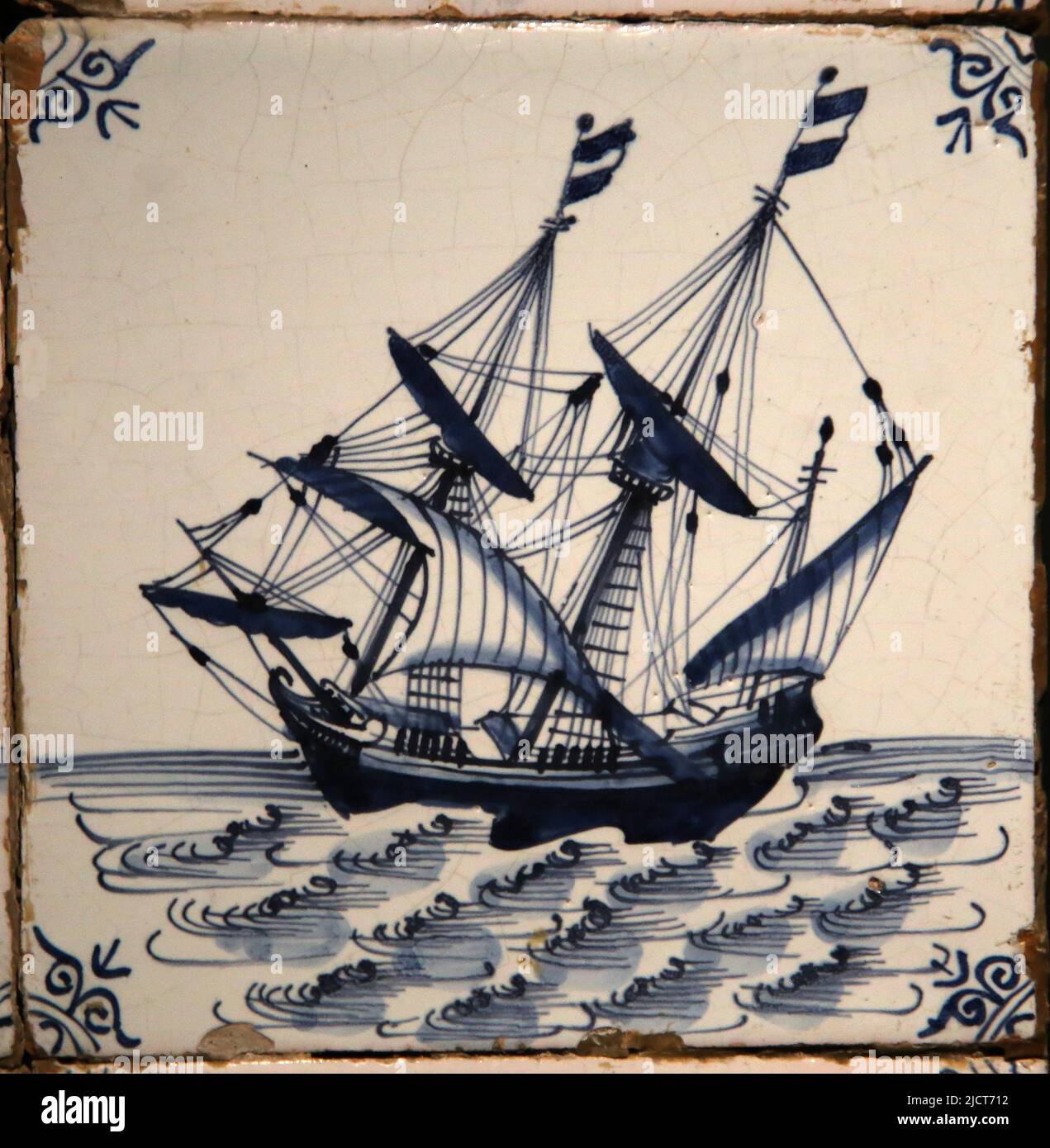 17th century. Modern era. Dutch product. Delftware (glased earthenware). Decorated with a ship. Rijksmuseum. Amsterdam. Netherlands. Stock Photo