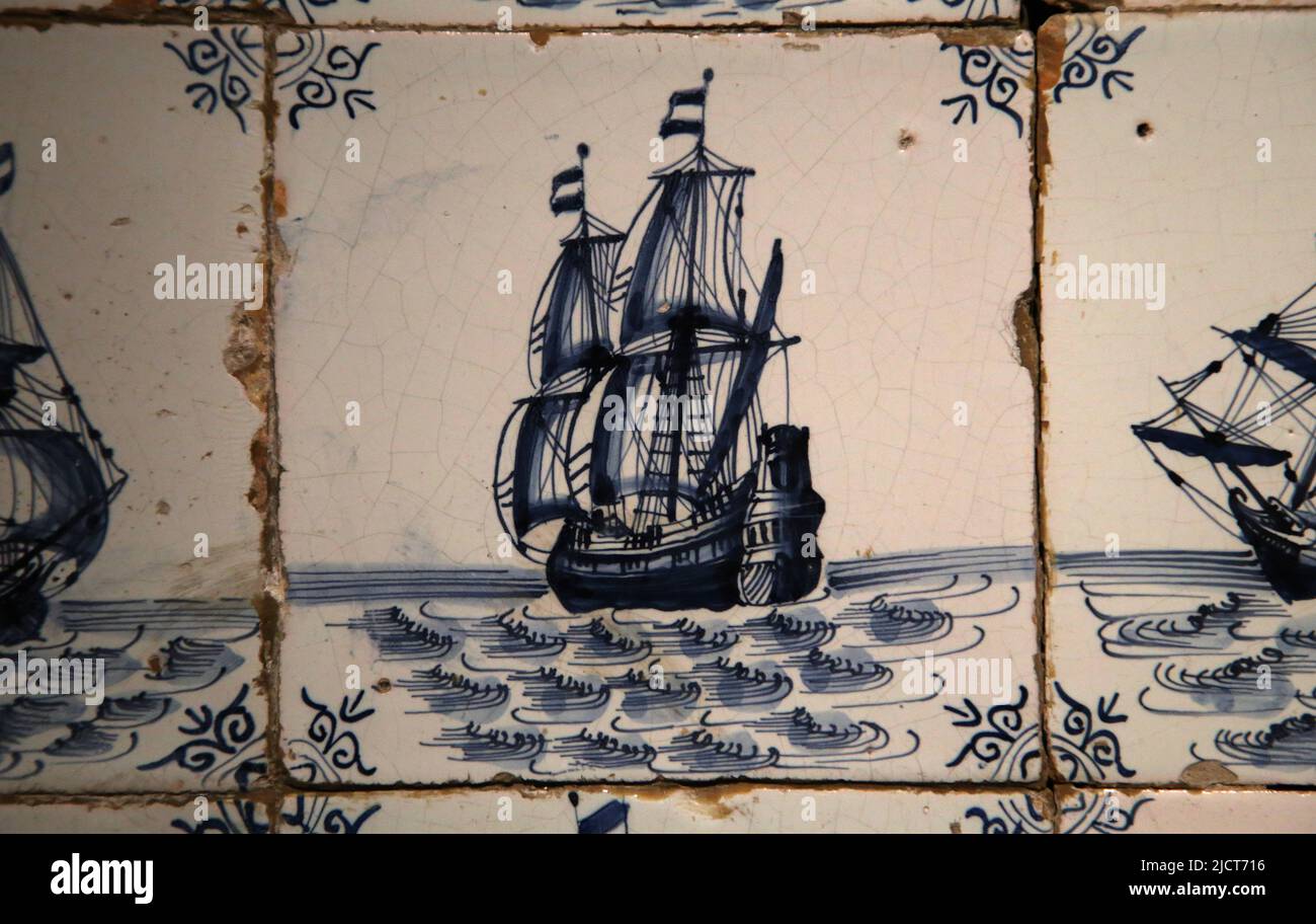 17th century. Modern era. Dutch product. Delftware (glased earthenware). Decorated with a ship. Rijksmuseum. Amsterdam. Netherlands. Stock Photo