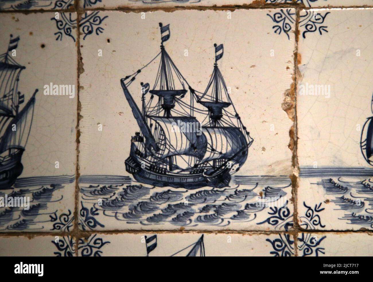 17th century. Modern era. Dutch product. Delftware (glased earthenware). Decorated with a ship. Rijksmuseum. Amsterdam. Netherlands. Stock Photo