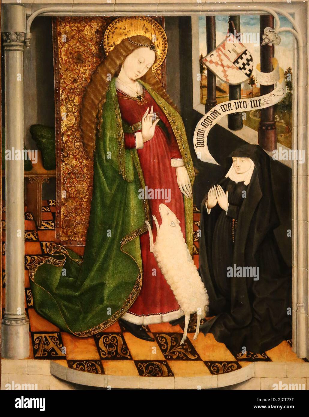 Geertruy Haeck Kneeling in Prayer before Saint Agnes. Northern Netherlands (Dordrecht ?), c. 1465. Oil on panel. Rijksmuseum. Amsterdam. Netherlands. Stock Photo