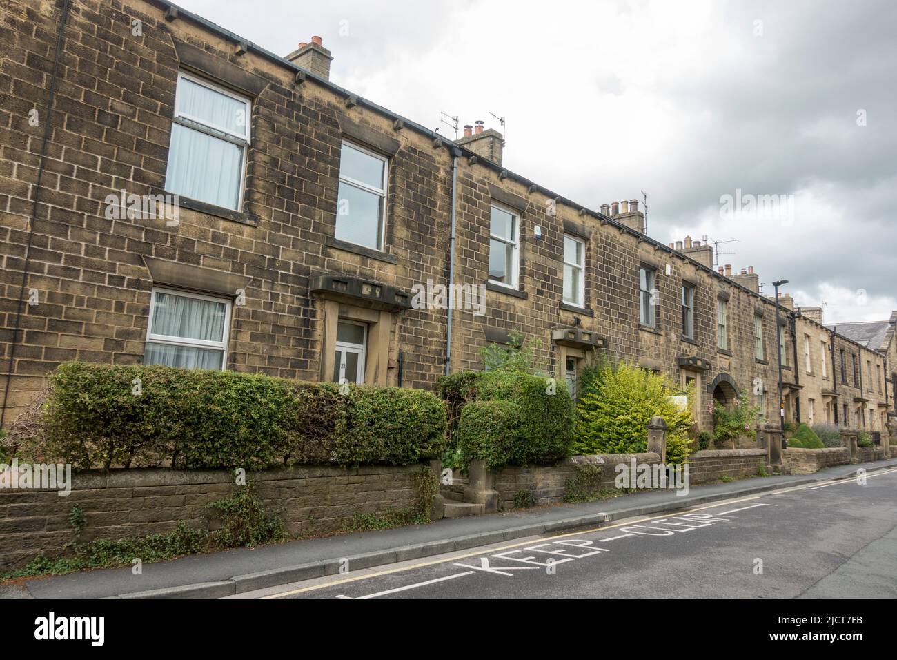 General view of stone cottages on Otley Street in the market town of Skipton, North Yorkshire, UK. Stock Photo