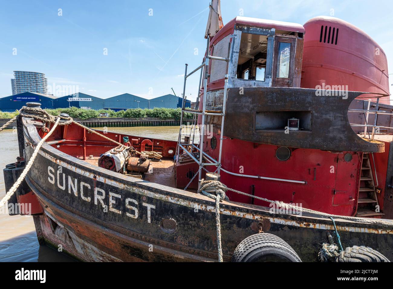 Suncrest, a disused Tug boat moored at Trinity Bouy Wharf, East London. Stock Photo