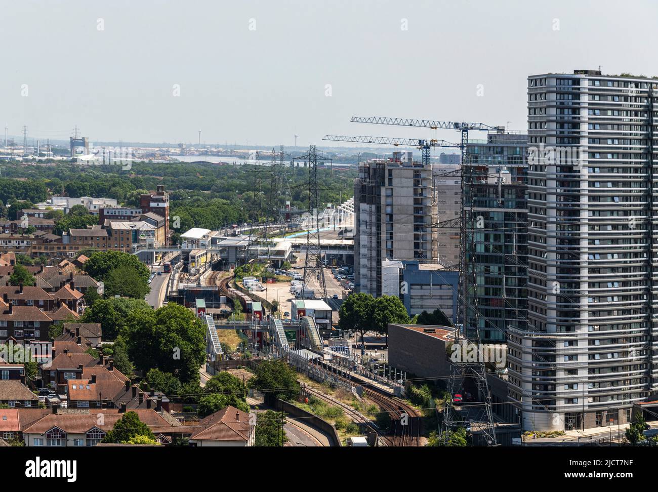 Aerial view of Silvertown and the DLR Light Railway in East London. Stock Photo