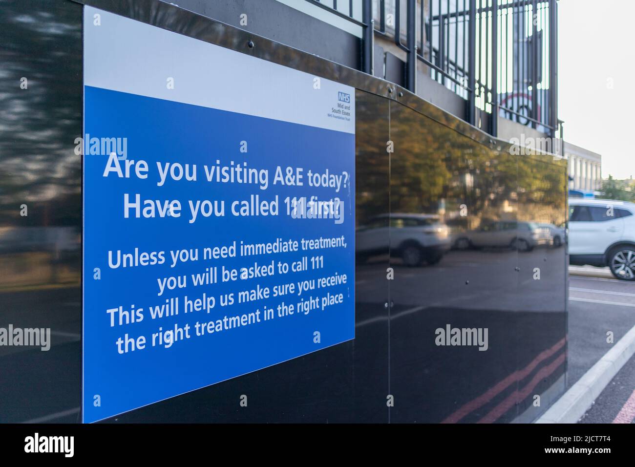 Southend on Sea, UK. 15th Jun, 2022. A sign outside Southend University Hospital advising patients visiting accident and emergency to call 111 unless they require immediate treatment. Penelope Barritt/Alamy Live News Stock Photo
