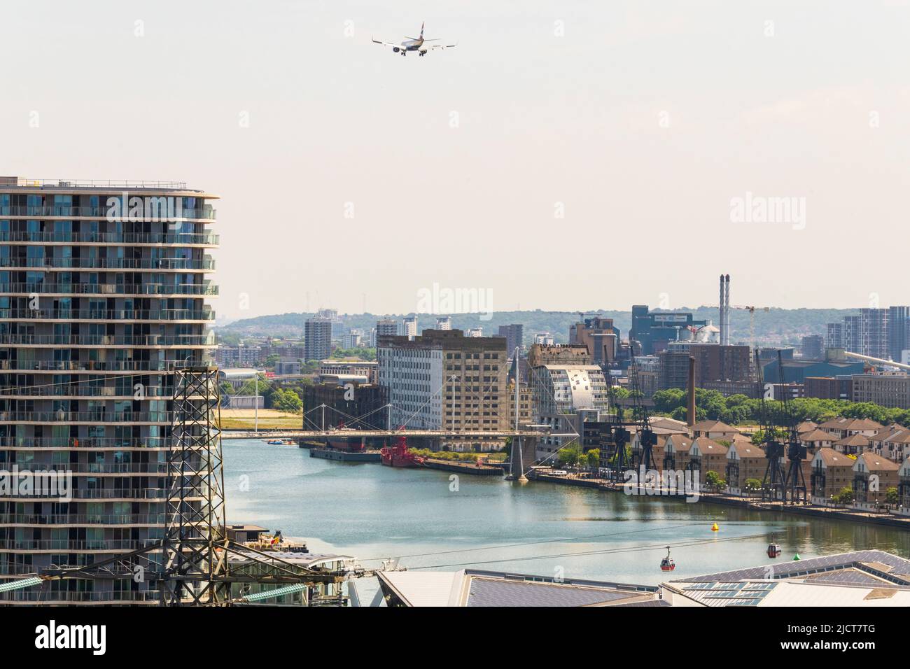 A British Airways Jet comes into land over at London City Airport. Stock Photo