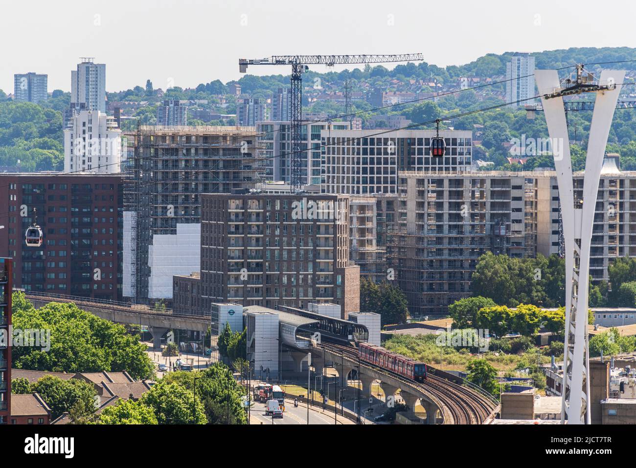 Aerial view of The DLR at West Silvertown and the surrounding developments. Stock Photo