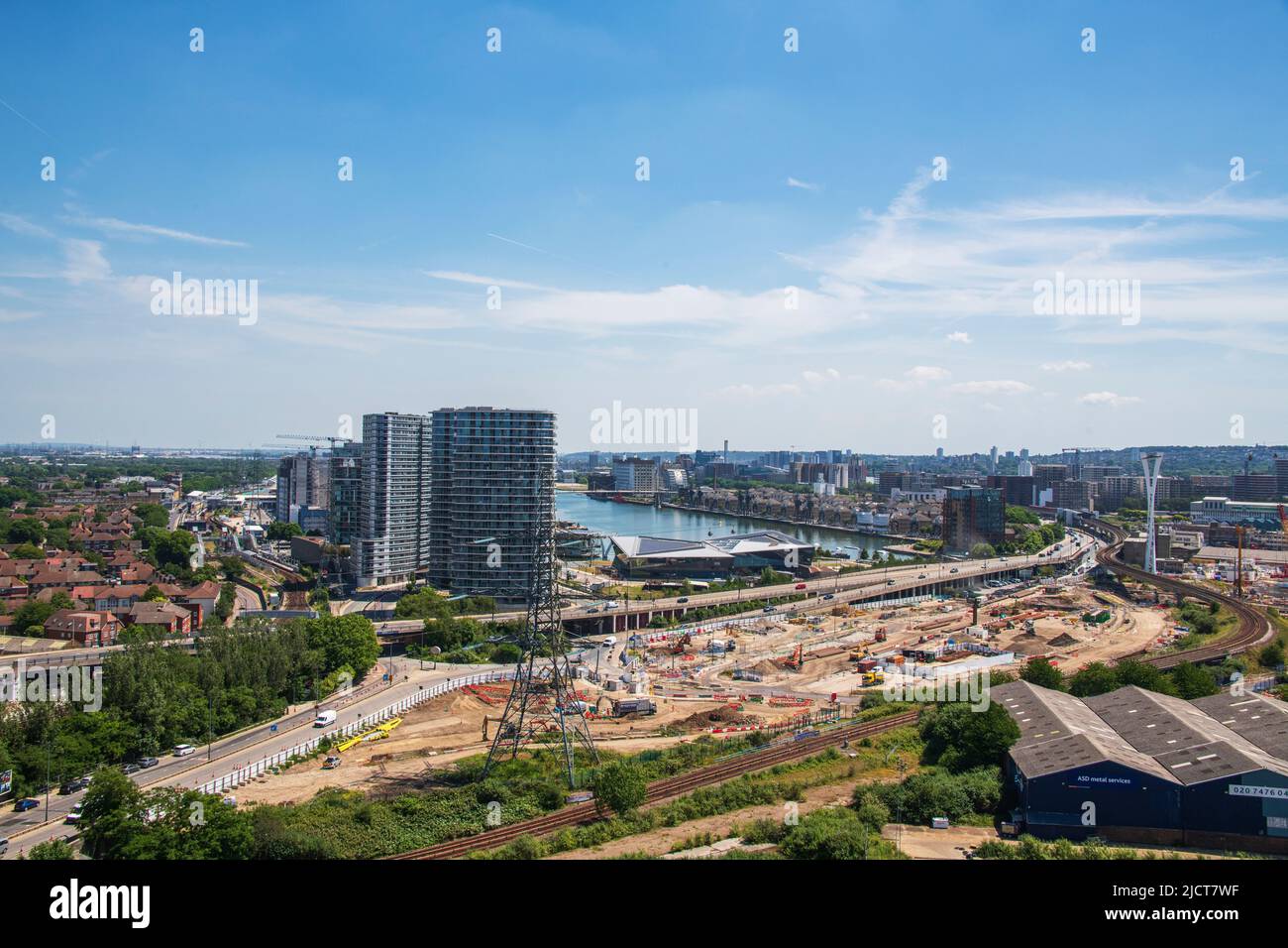 Aerial View of The Royal Victoria Docks and the surrounding Area towards London City Airport, East London. Stock Photo