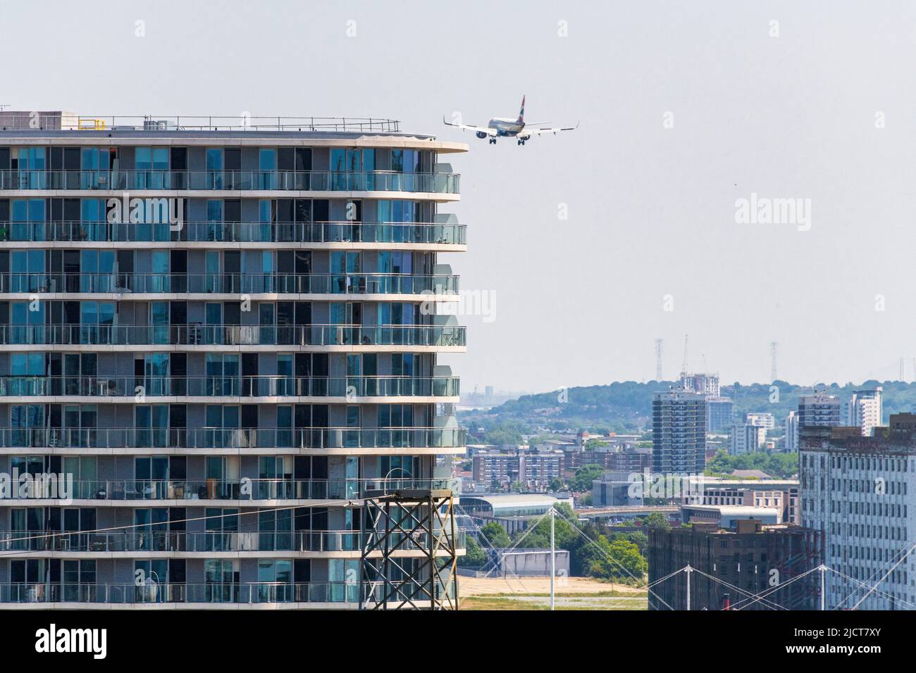 A British Airways Jet comes into land at London City Airport. Stock Photo