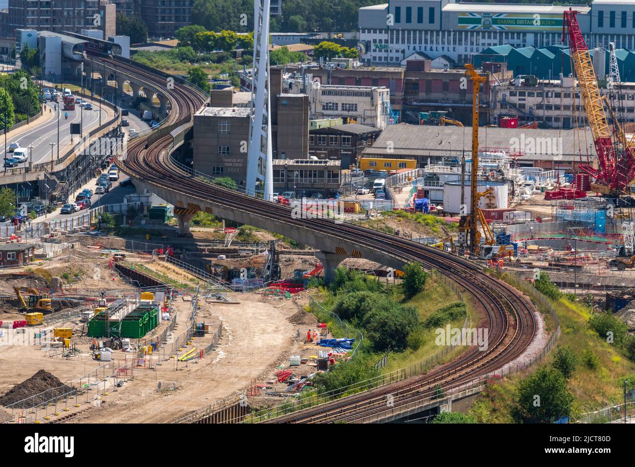 Aerial view of The DLR at West Silvertown and the surrounding Building sits, shot from Trinity Bouy Wharf, E14. Stock Photo