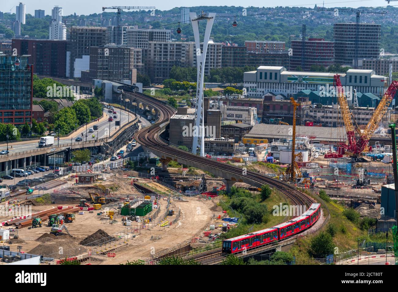 Aerial view of The DLR at West Silvertown and the surrounding Building sites, shot from Trinity Buoy Wharf, E14. Stock Photo