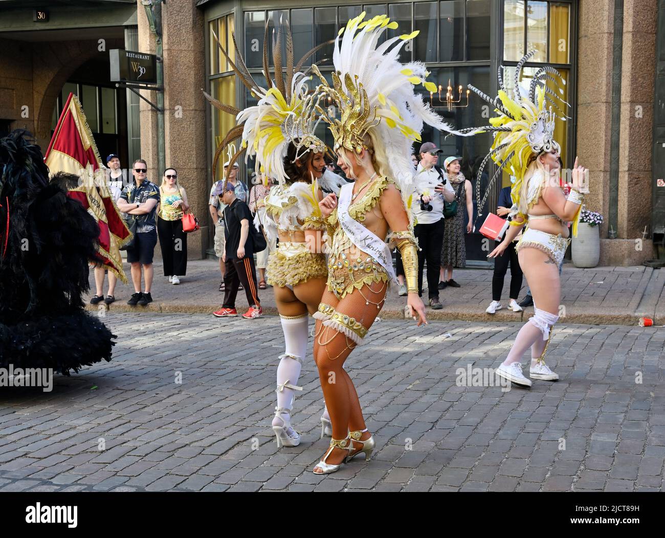 Helsinki, Finland – June 11, 2022: traditional summer Helsinki Samba Carnaval. The event includes dance, music, workshops, performances and Brazilian culture! The event has been held since 1991 and this year the number of spectators is estimated to rise to 50,000! Stock Photo