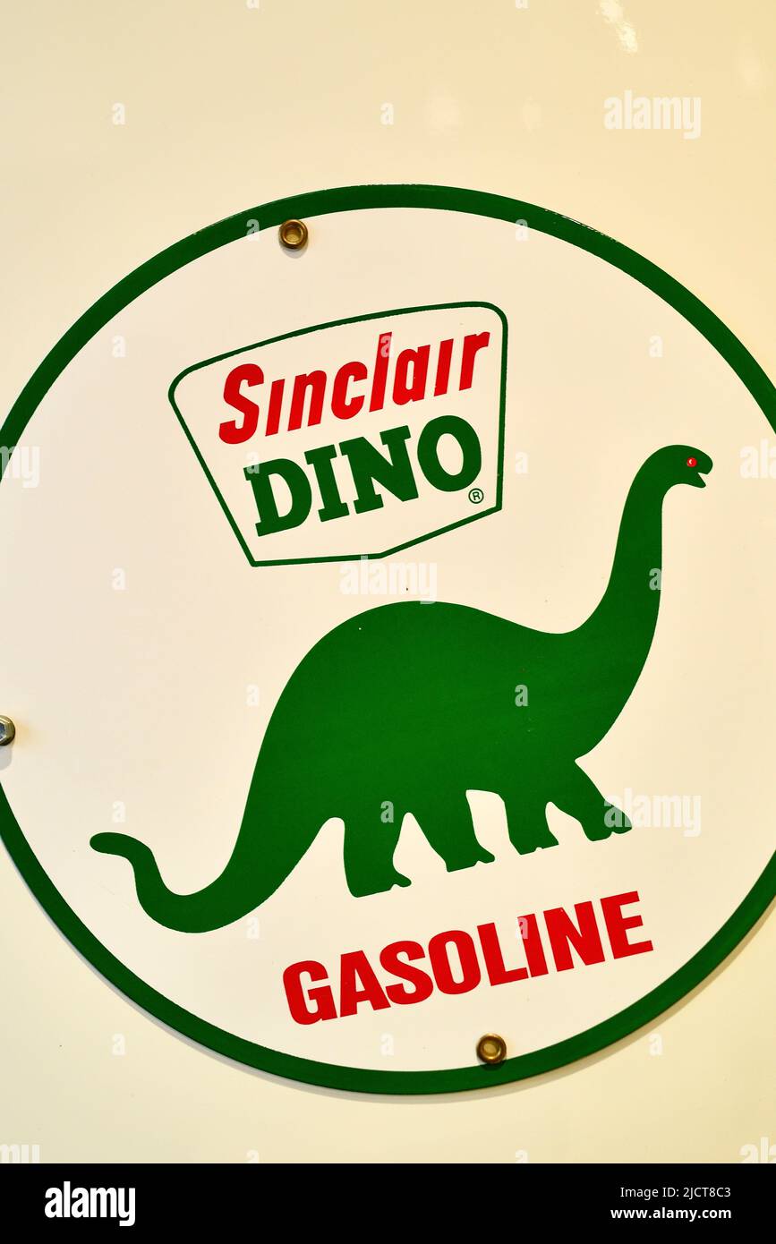 Vintage antique Sinclair Dino Gasoline pump for dispensing gasoline petrol on display at Throttlestop Car & Cycle Museum, Elkhart Lake, Wisconsin, USA Stock Photo