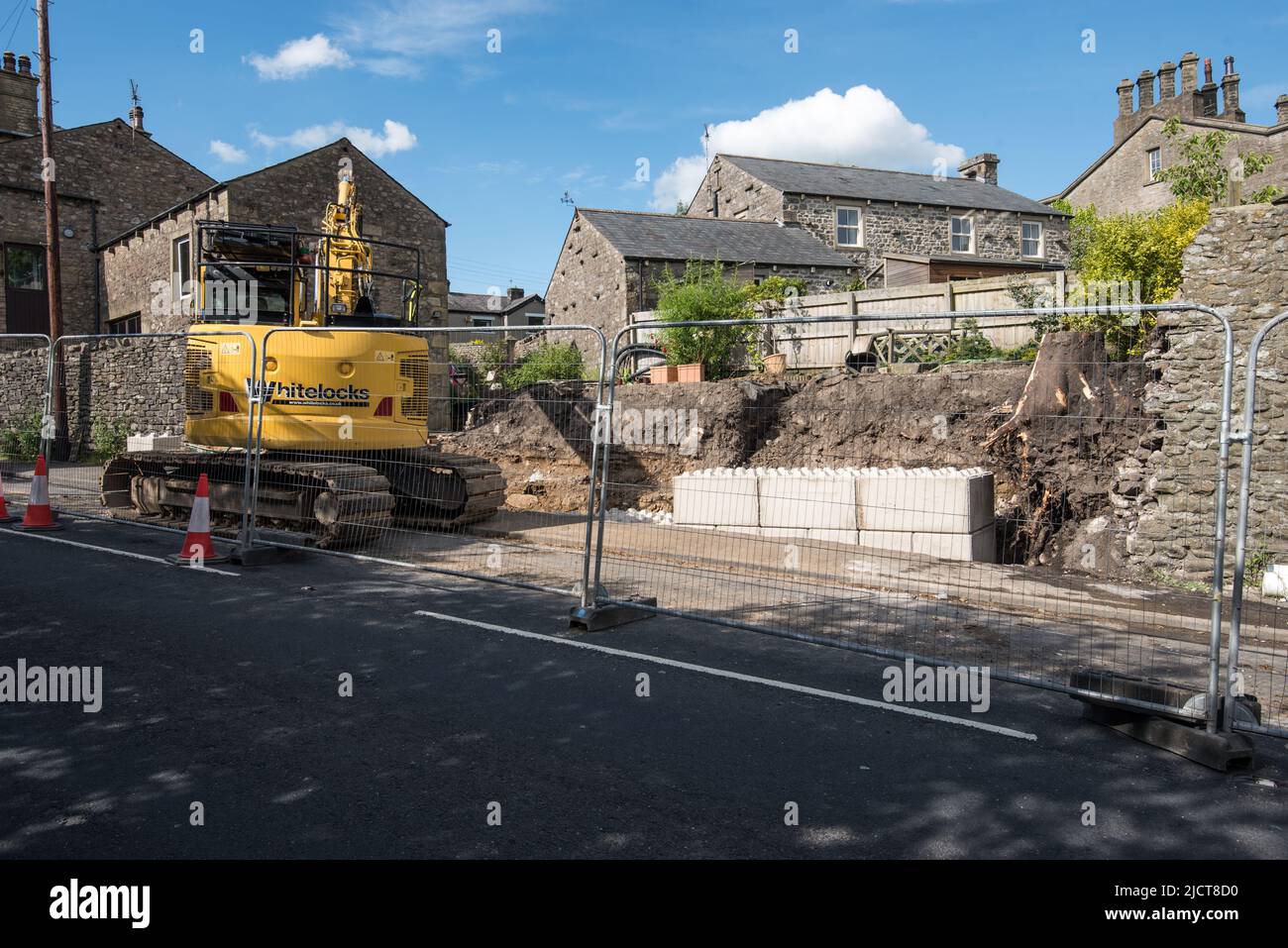 Big 'Lego-look' building  blocks arrive on 15th June 2022 so that the rebuild can be furthered at Kayley Hill, Long Preston, North Yorkshire. Stock Photo