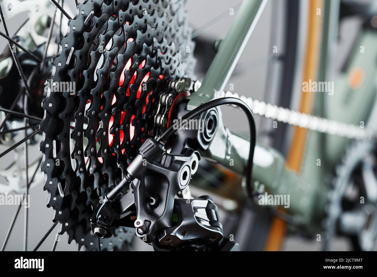 Rear bicycle cassette speeds with a wide range and chain close-up, accessories for repair and tuning of the bike Stock Photo