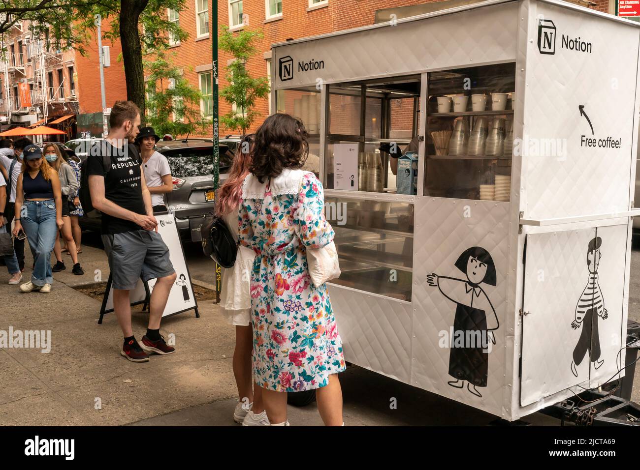 Free coffee at a brand activation for project management software company Notion in Nolita in New York on Saturday, June 11, 2022. (© Richard B. Levine) Stock Photo