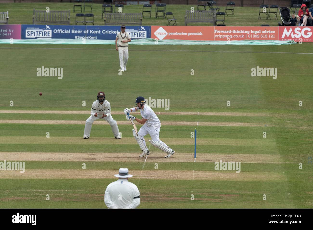 Kent v Surrey cricket Ryan Patel at silly point for close catch Stock Photo